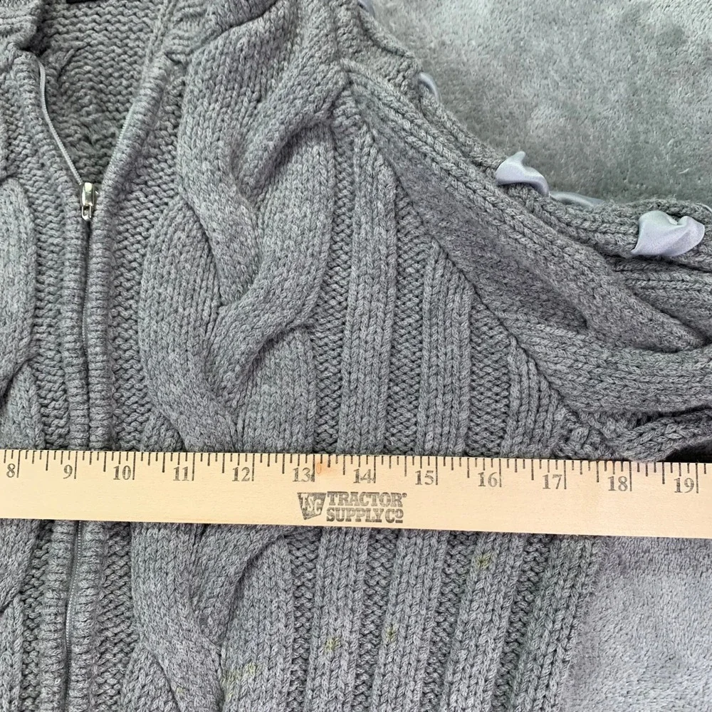 St John Sweater Wool Cable Knit Hoodie Zip Gray Ribbon Lace Sleeves Chunkys  M